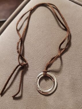 Gabriel&co Brown Suede leather Necklace with Plated  Silver Ring Pendant